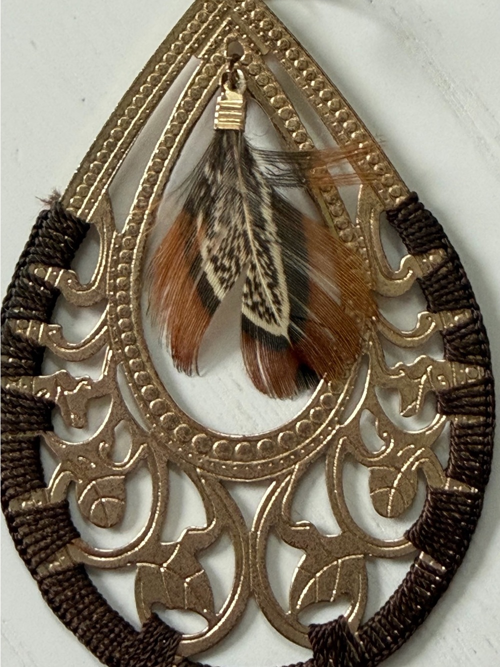 Gold Teardrop Filigree & Feather Dangle Earrings - Picture 5 of 5